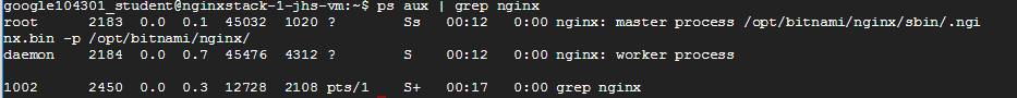googIe104301 studentenginxstack—l —3hs—vm• $ 
00:12 
00:12 
00:17 
ps 
aux 
I grep 
root 
2183 0.0 0.1 45032 
1020 
4312 
2108 
ng Inx 
0:00 nginx: 
0:00 nginx: 
master process 
worker process 
sbin/ . ngx 
. bin —p / opt/bitnam±/nginx/ 
1002 
2184 0.0 0.7 45476 
2450 0.0 0.3 12728 
PCs/ I 
0:00 grep nginx 