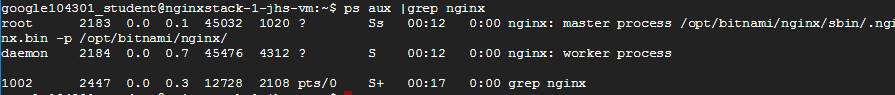 googIe104301 studentenginxstack—l 
00:12 
00:12 
00:17 
1020 
4312 
2108 
$ ps 
PCs/ O 
aux 
I g rep n ginx 
root 
2183 0.0 0.1 45032 
0:00 nginx: 
0:00 nginx: 
master process 
worker process 
sbin/ . ng2 
. bin —p / opt/bitnam±/nginx/ 
a emn 
1002 
2184 0.0 0.7 45476 
2447 0.0 0.3 12728 
0:00 grep nginx 